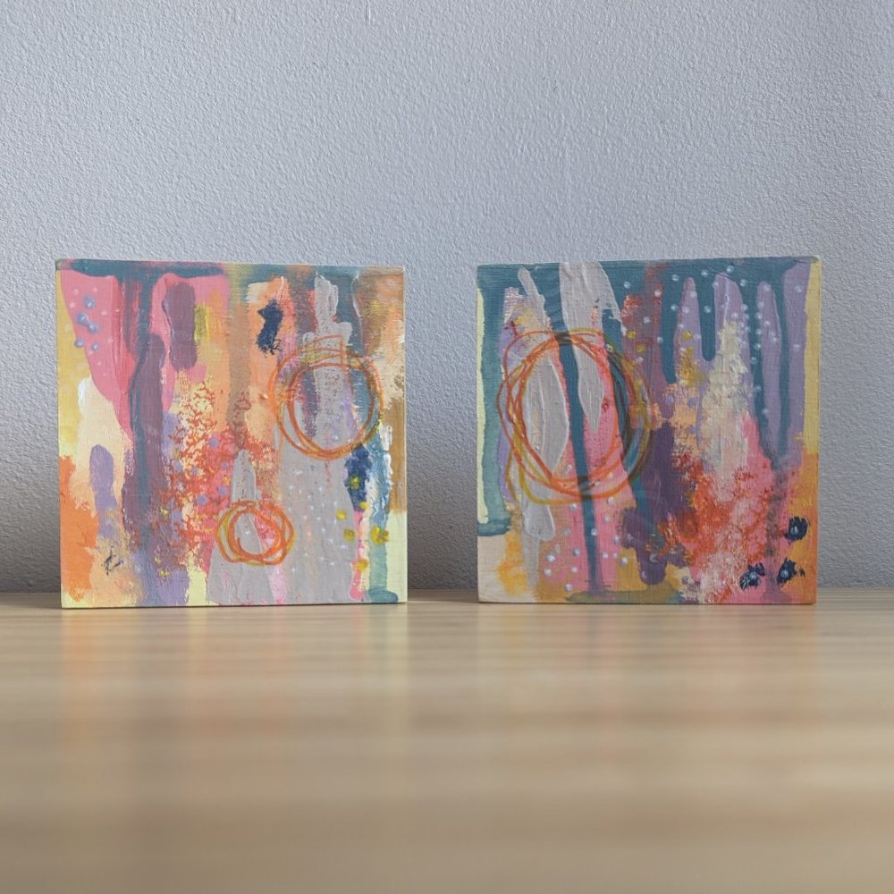 Pair abstract acrylic mixed media paintings on wood panels colourful original